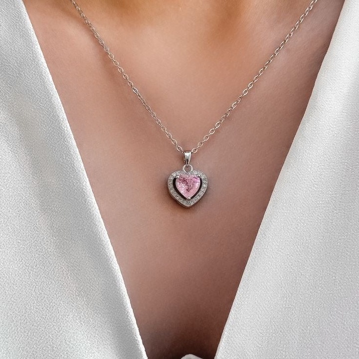 Colier ElectraStore pandantiv inimă, cristal roz, placat cu aur 14K, 40x4cm