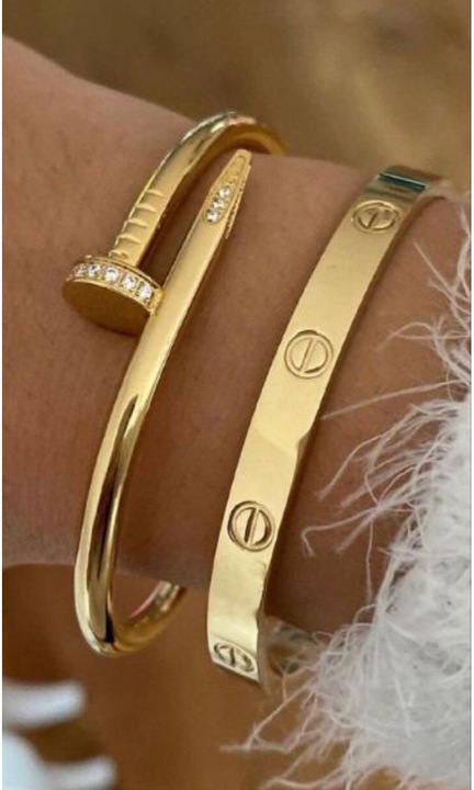 Set 2 Brățări ElectraStore, inoxidabil placat cu aur galben, cristale Zirconia, diametru 6.1mm și 6.5mm