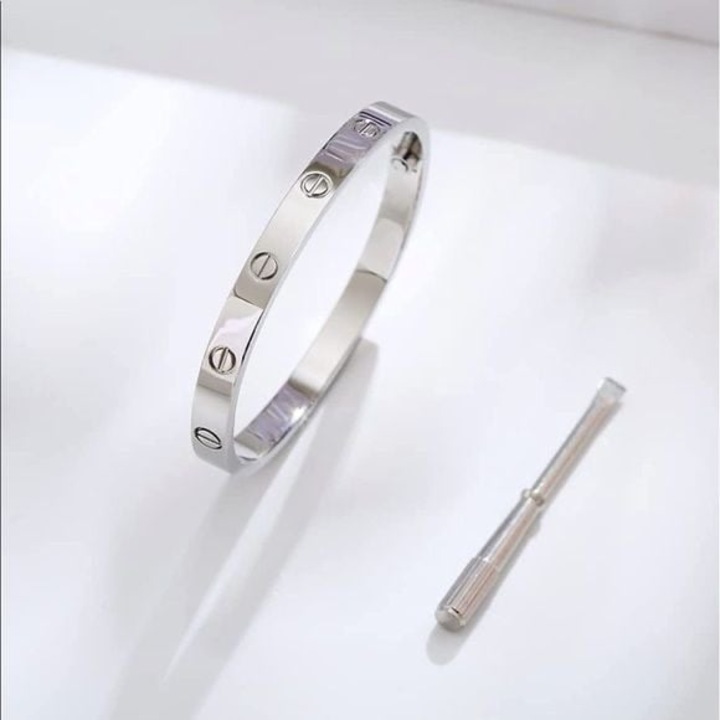 Bratara, ElectraStore, LOVE Silver Elegance, otel inoxidabil, placata cu aur alb, 6cm diametru interior