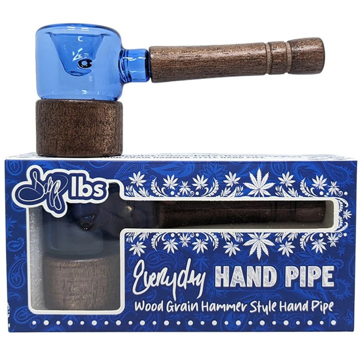 Pipa sticla albastra Dogg Lbs SWED Everyday Sherlock Hammer cu maner din lemn maro 12.7cm - lucrata manual