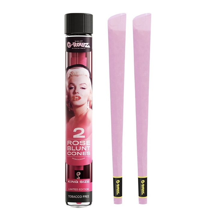 Blunt conuri pre-rulate din trandafir roz G-Rollz Fabulous Face infuzate cu terpene in tub de pastrare din sticla, etans, cu capac King Size x2 - umplere usoara