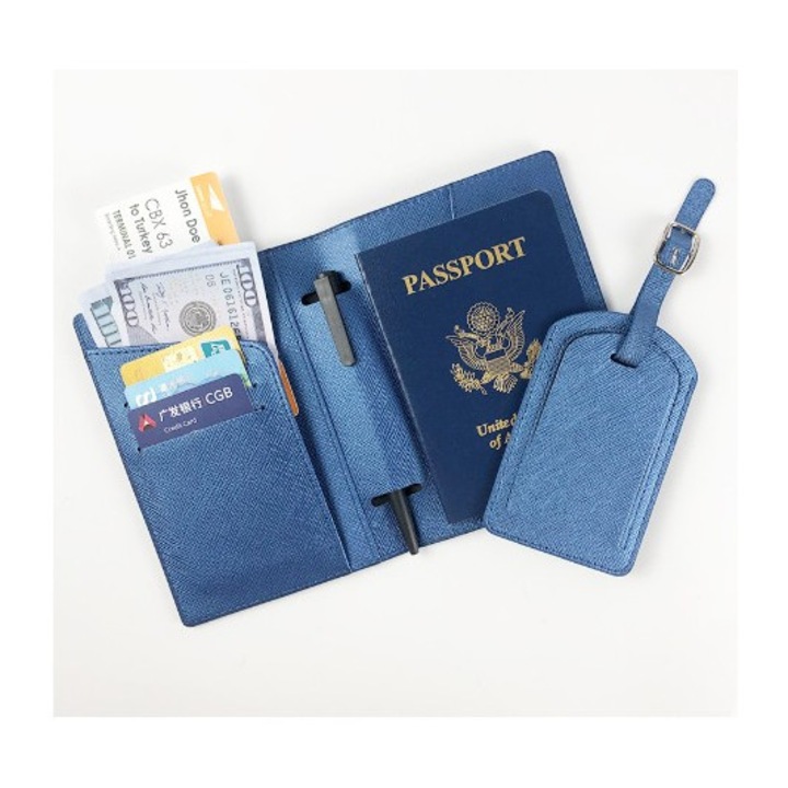 Portofel pentru Pasaport si Carduri, toolsy, 23x16 cm, 70g, din Piele PU, Suport Pix, Accesoriu Suport Eticheta, Unisex, Multifunctional, Albastru