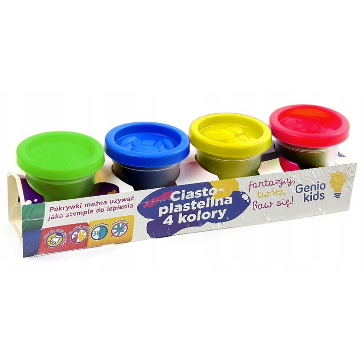 Set plastilina 4 culori, Genio Kids, albastru, galben, rosu, verde, 140g fiecare