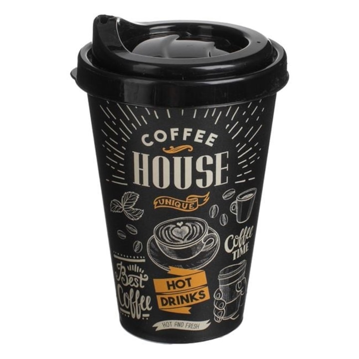 Pahar Cafea Reutilizabil, Negru, Imprimeu Coffee House, cu Capac, Polipropilena, 400ml, 9x13.6 cm