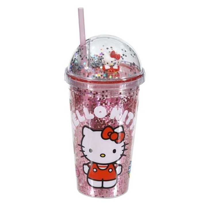 Pahar plastic reutilizabil, cu capac infiltabil si pai, roz, confetti Hello Kitty, perete dublu, 475ml
