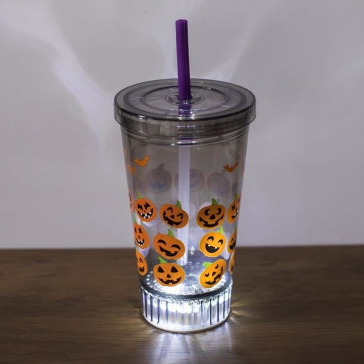 Pahar Halloween Negru Smoky cu Dovleci - Capac Pai si Lumina LED - 530ml