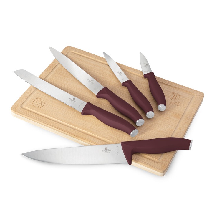 Set de 6 piese cutite Berlinger Haus Leonardo Collection, otel inoxidabil, placa de taiat bambus, burgundy mat