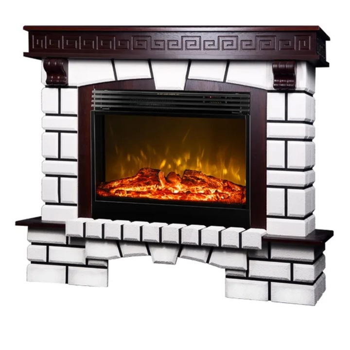 Dekoratív elektromos kandalló, szabadon álló, Art Flame, Nazarii + Mirabella, fehér + barna, MDF-ből, légfúvóval, 3D tűztér, 1.95 kW, 1328 x 1136 x 385 mm