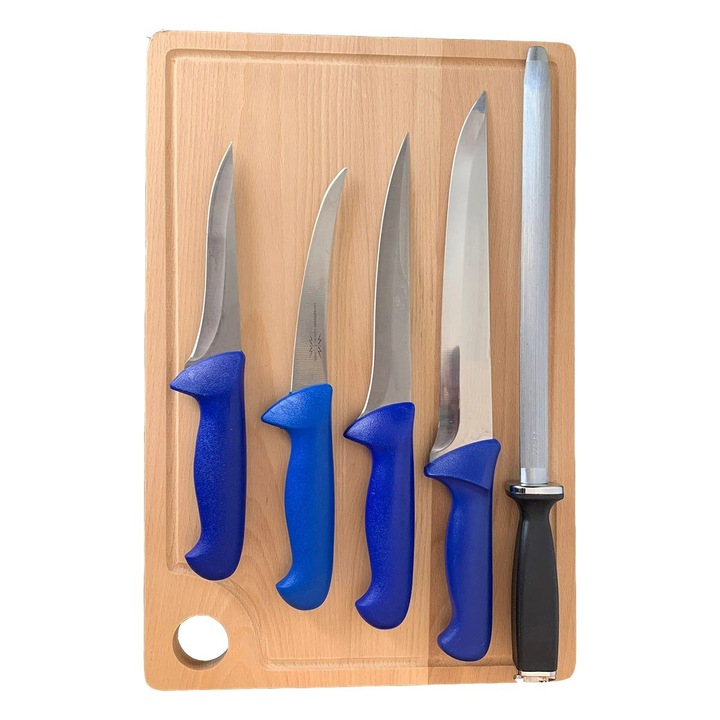 Set 4 Cutite Macelarie 27x14x2cm, 29x14x2.5cm, 34x17x2cm, 39x24x3.5cm si Masat 42cm, otel inoxidabil, manere colorate