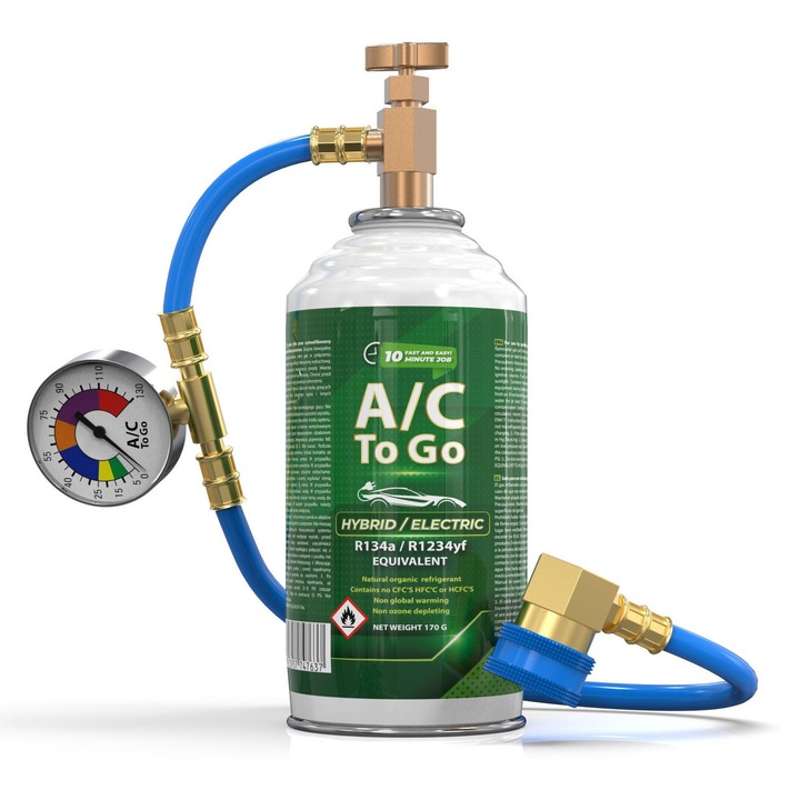 R1234yf klíma utántöltő készlet, Akli, 453g, fém tömlő, nyomásmérő, hibrid és elektromos autókhoz