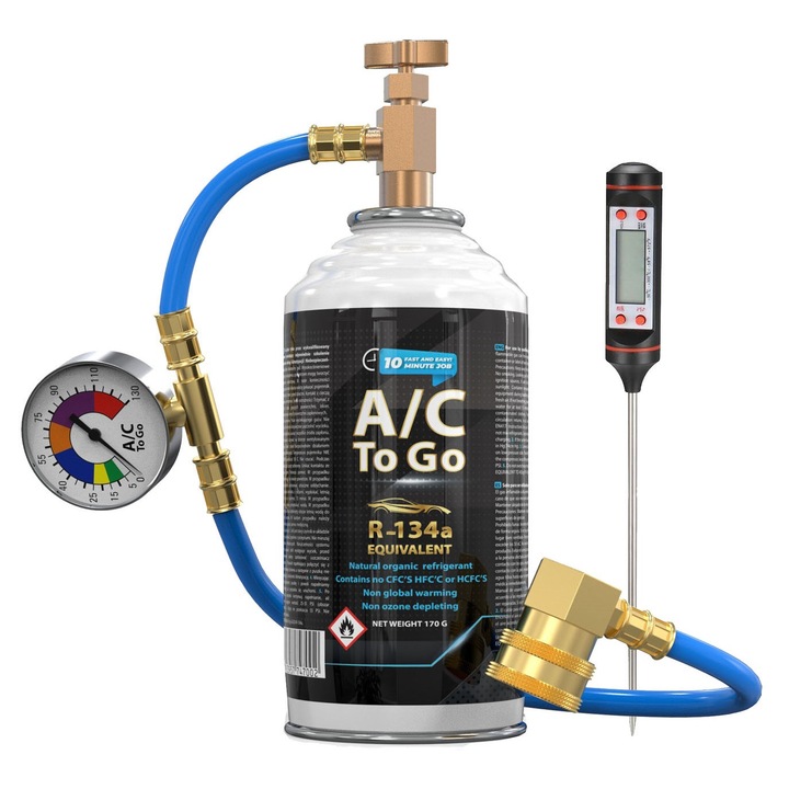 Комплект за пълнене на автоклиматик R134a с термометър, Akli, 453g, маркуч за пълнене, бърз конектор
