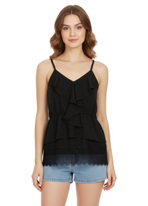 Дамски топ Fracomina, черен, дантела, волан, полиестер, M INTL