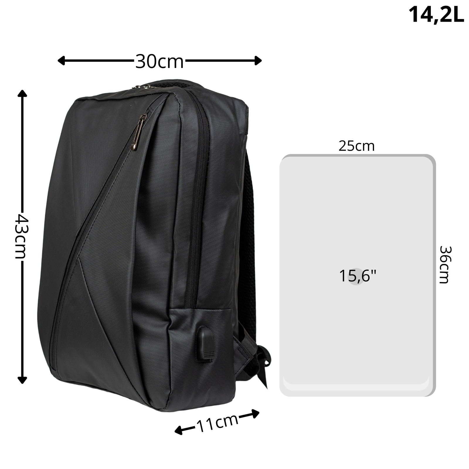 Rucsac scolar VIO negru poliester impermeabil 43x30x11 cm, 14,2L, laptop 15,6”, femei, barbati, port USB, curea valiza BK91109black