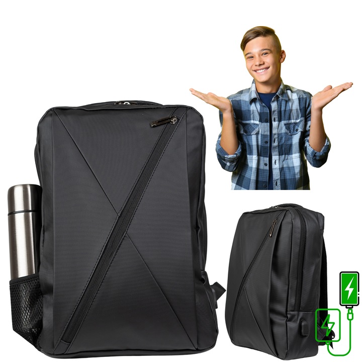 VIO fekete iskolai hátizsák, vízálló poliészter, 43x30x11cm, 14,2L kapacitás, USB port, 15,6" laptophoz