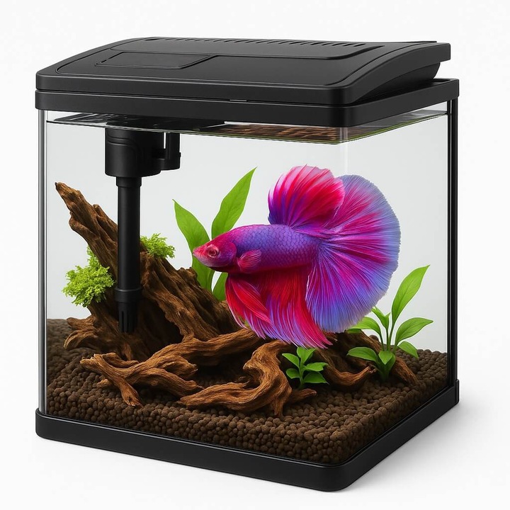 Acvariu peste Betta 10L, Perfect Tank Betta acvariu mic pesti cu capac, lumina LED si filtru integrat, acvariu mic din sticla ideal pentru Betta