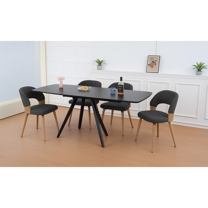 Set Masa Living Extensibila Gri DTM0109 cu 4 Scaune Living JY6450X-M2 Gri Inchis