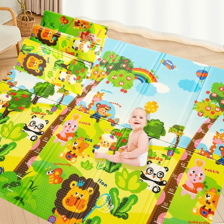 Covor de joaca XXL pliabil, 200 x 180 x 1 CM, din spuma EVA, Antiderapant, Termic si Interactiv, cu 2 fete si geanta depozitare "Hai la joaca ", EM2010-1J