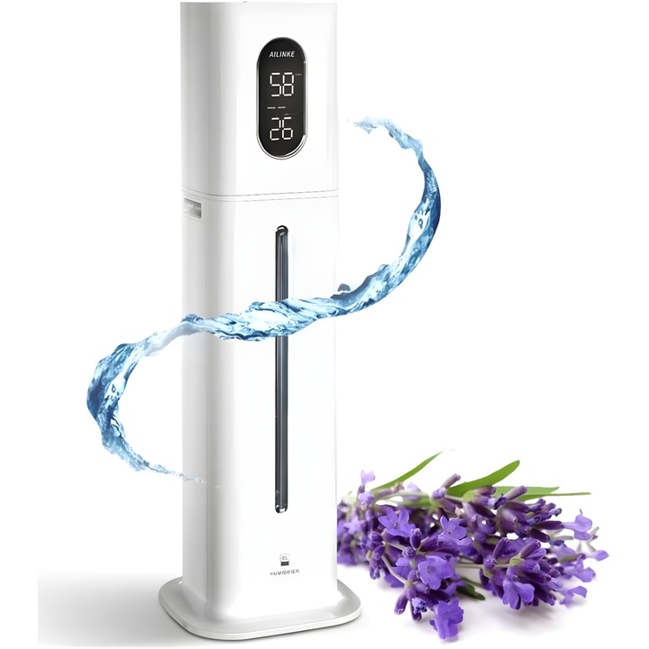 Umidificator De Aer Ultrasonic MARCINO® Rezervor 8L, 3 Trepte Intensitate Abur, Zgomot Redus 35dB, Control Tactil si Telecomanda, Acoperire 50m2, Aplicatie Tuya Smart, Temporizator 1-12 Ore, Ulei Esential, Alb