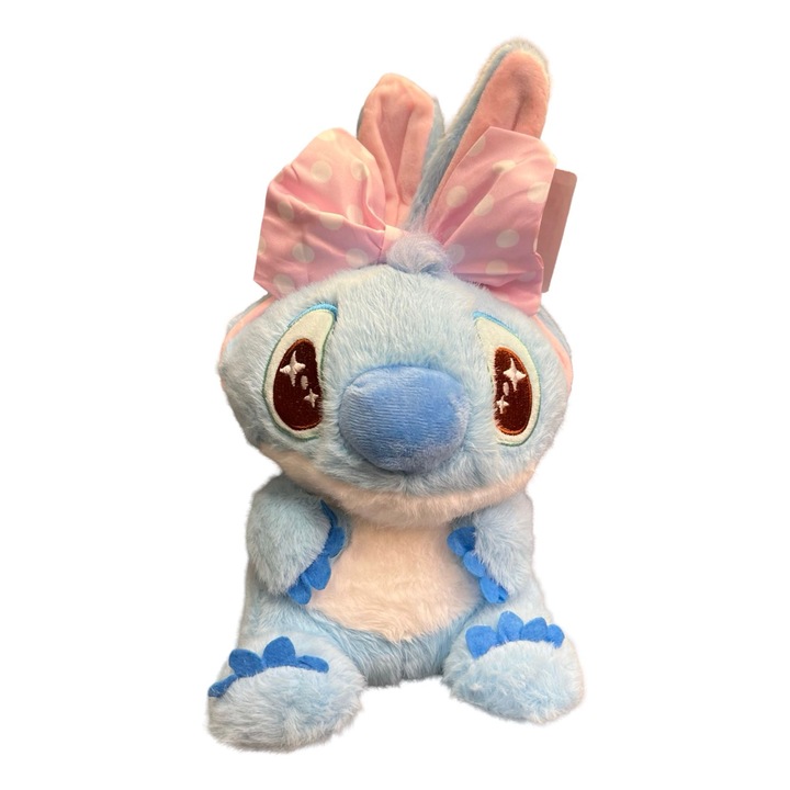 Jucarie de plus, Candy Stitch, pufoasa, colorata, cu funda mare bleu, 25 cm