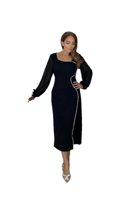 Rochie de seară Rotop G1547, neagră, cu maneci din sifon și detalii cu pietre, mărimea 56, lungime 125cm