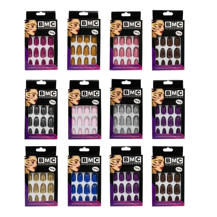 Set de manichiura artificiala ICOM, 12 cutii unghii false, diverse culori si modele, 1,4x14x7,5cm