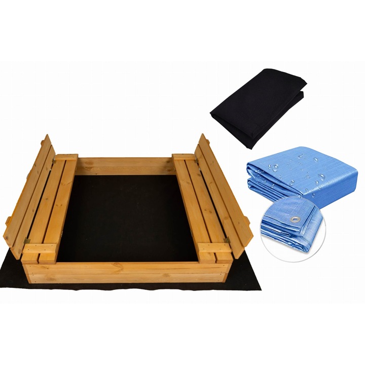 Wendre narancssárga impregnált fa homokozó, 120x120 cm, lehajtható tetővel és padokkal, 2-4 gyermek számára