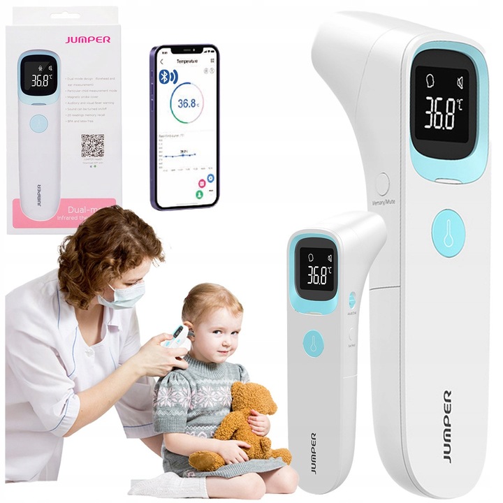 Termometru Digital Fara Contact Cu Infrarosu, Jumper, Jpd Fr409 Bt, Masurare Rapida In 1 Secunda, Trei Moduri De Masurare Frunte, Ureche, Obiect, Precizie Ridicata Datorita Senzorului Sensibil Cu Infrarosu, Memorie Pentru Ultimele 20 De Citiri, Alb