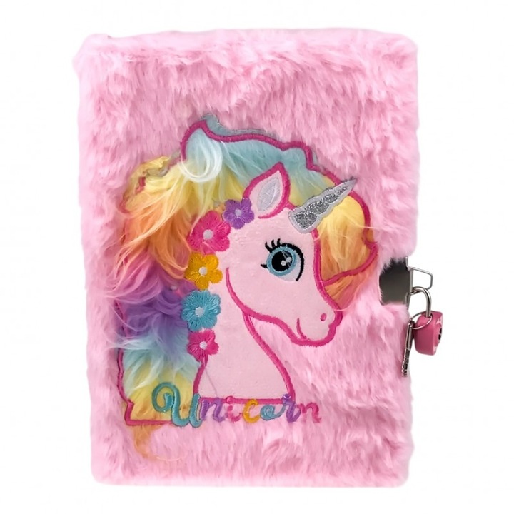 Agenda cu inorog, coperti din plus, roz deschis, 15x21cm, cu lacat