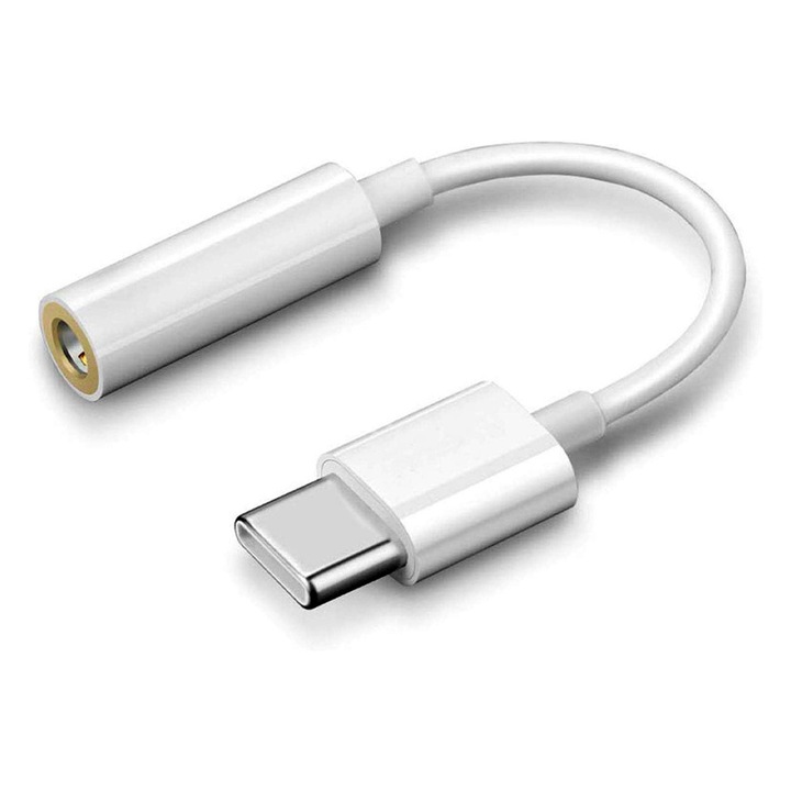 Адаптер за аудио кабел USB Type-C към 3.5 мм жак, с микрофон, преносим, изключително високо качество, устойчив на огъване, Plug and Play, бял