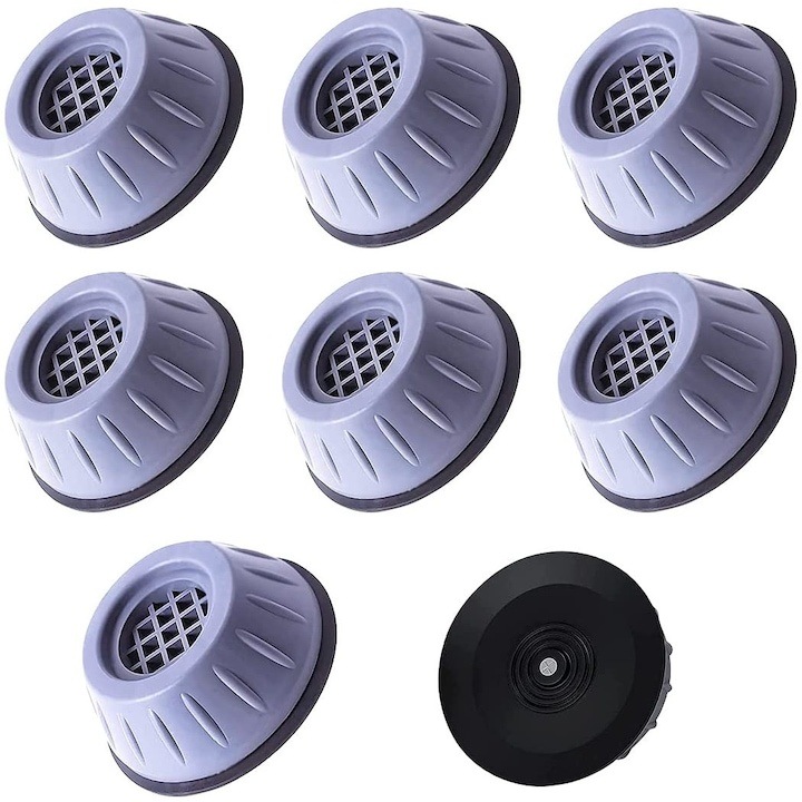 Set 8 suporti antivibratii pentru masina de spalat si uscator, suporti antialunecare si anti zgomot din polipropilena si cauciuc, universale, culoare gri