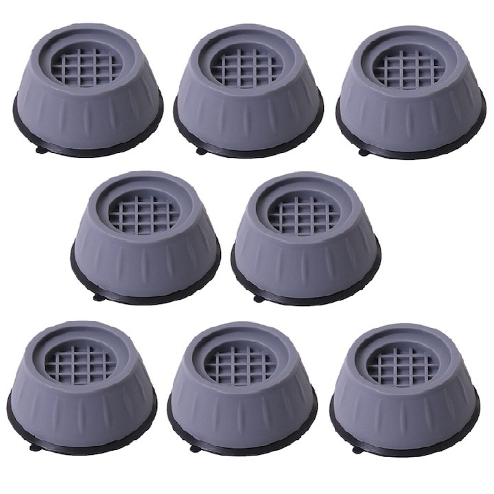 Set 8 suporti suporti antivibratii pentru masina de spalat, uscator si frigider, antiderapante si antizgomote, din ABS si cauciuc rezistent, culoare gri, 8.5x4 cm