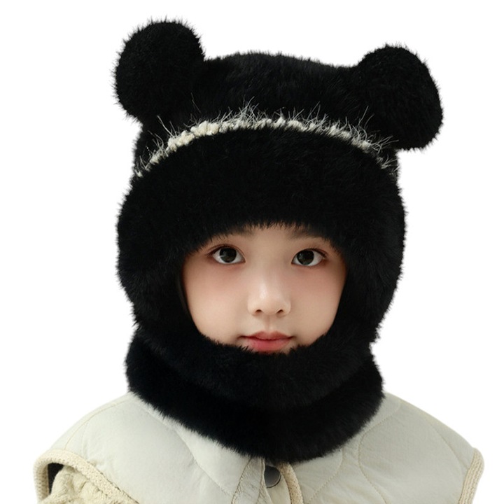 Caciula pentru copii, tip cagula cu guler, model pufos cu urechiuse ascutite, tematica fluffy cozy bear, 1 – 4 ani, neagra, EFAYN