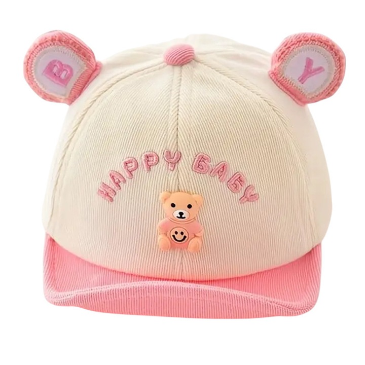 Sapca pentru copii, cozoroc curbat, accesorizata cu urechiuse, model simpatic si vesel, tematica happy baby, 6 luni – 2 ani, roz, EFAYN