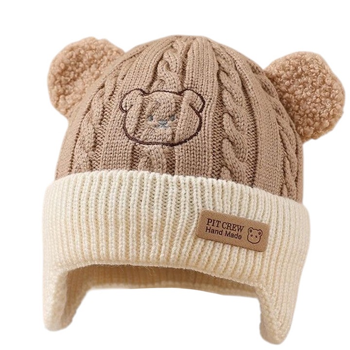 Caciula pentru copii, prelungire pentru urechiuse, imprimeu ursulet, model cute, tematica happy little bear, 6 luni – 3 ani, maro, EFAYN