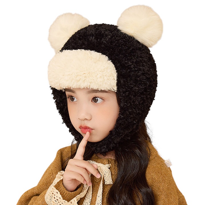 Caciula pentru copii, prelungire cu urechi, model pom pom calduros, prindere sub barbie, tematica cute and funny, 4 – 10 ani, neagra, EFAYN