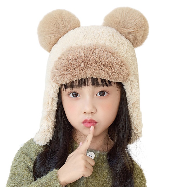 Caciula pentru copii, prelungire cu urechi, model pom pom calduros, prindere sub barbie, tematica cute and funny, 4 – 10 ani, maro, EFAYN