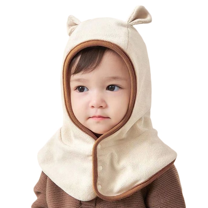 Caciula pentru copii, tip cagula, prindere in capse, model calduros si simpatic, tematica happy moments, 6 luni – 2 ani, bej, EFAYN