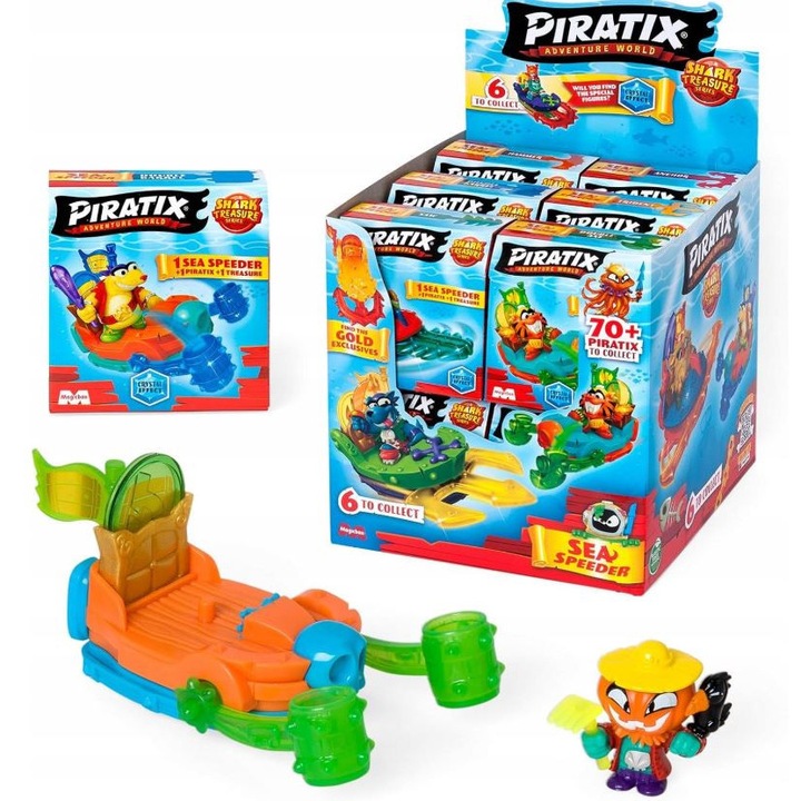 Фигурина Piratix, Shark Treasure, с лодка, многоцветна, 3 години+