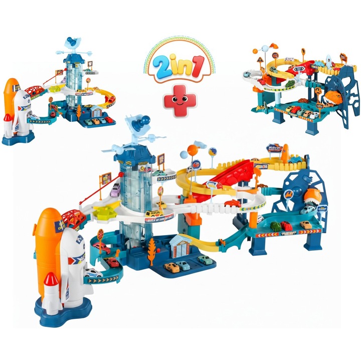 Комплект за игра Modular 2в1 TurboGalaxy® Космическа автомобилна писта с гравитационно търкаляне, електрически/ръчен асансьор, 8 колички, 360° сателит, космическа база, светлини и звуци, паркинг и гараж, карти и указатели, реалистични ефекти, многоцветен