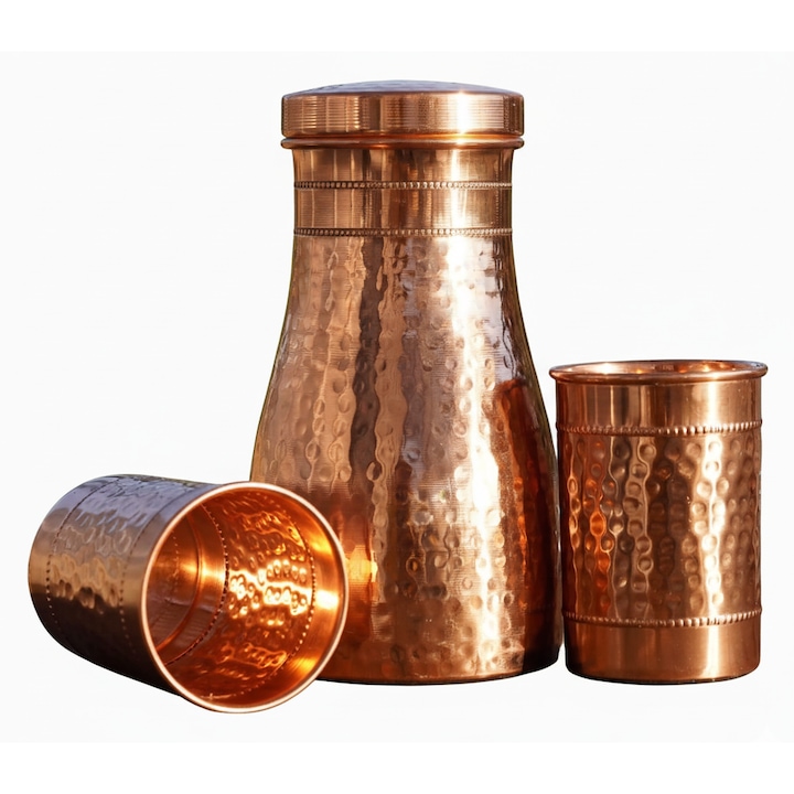 Set Cupru Pur, Carafă 1L și 2 Pahare 300ml, aspect ciocănit manual
