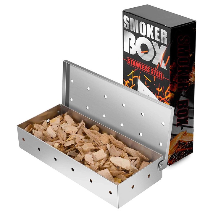 Cutie de Afumator pentru Gratar, OPTIM SOLUTION, Cutia de Fum din Inox 430, pentru Arome Autentice, Rezistent la Rugina, Temperaturi Inalte, Capac cu Balamale, doar Adauga Aschii de Lemn, Smoker Box, 9.6 x 4.4 x 22.2 cm, XTO, Argintiu