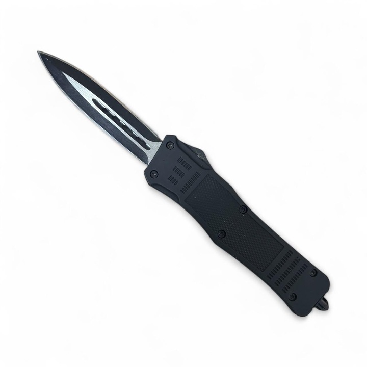 Briceag AVI® automat metalic, lama 9.5 cm cu dublu tais, lungime totala 23.5 cm, grosime lama 2.5 mm, 240 g, cu spargator de geam, teaca inclusa, AVI-5129