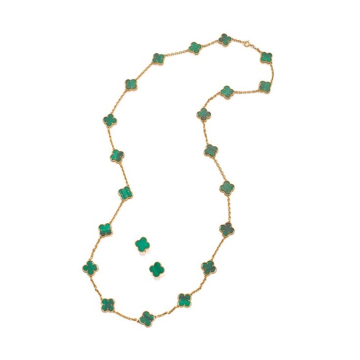 Set Bijuterii ElectraStore Alhambra, colier și cercei, verde, placat cu aur de 14K, pietre semiprețioase