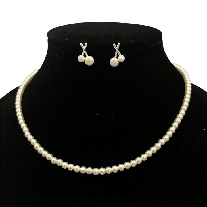 Set Cercei și Colier Imitatie De Perle ElectraStore, Aliaj Metalic, Cristale Zirconia, Multicolor, 40x5cm