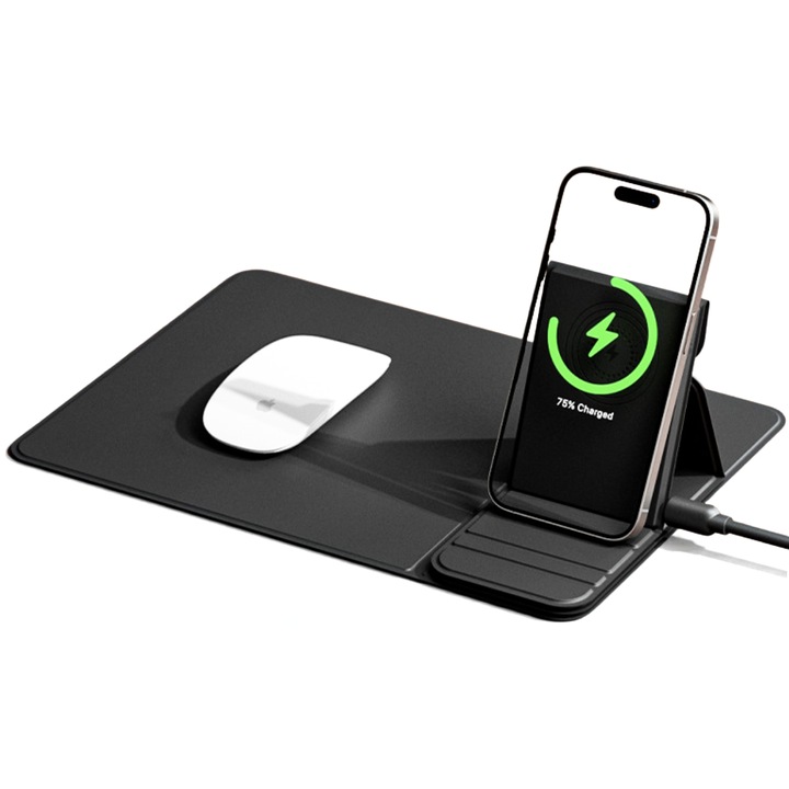Mousepad cu Incarcator Wireless Pliabil, 2 in 1, 15W, Magsafe, Compatibil iPhone, Samsung, Huawei, Xiaomi, USB-C, Negru