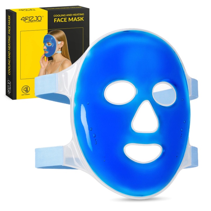 Masca faciala gel, 4FIZJO, reutilizabila, terapie cald-rece, reducerea umflaturilor si relaxarea muschilor, material PVC mat, interior cu gel, greutate 220 g, dimensiune 30x20 cm, prindere cu arici reglabila, confort maxim, transparent/albastru