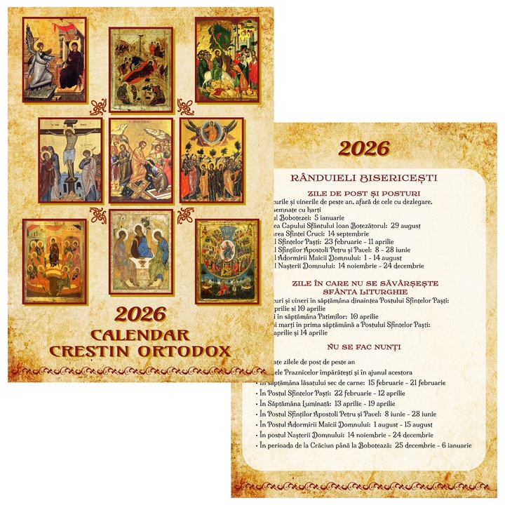 Calendar ortodox 2026, de perete, format A4, galben