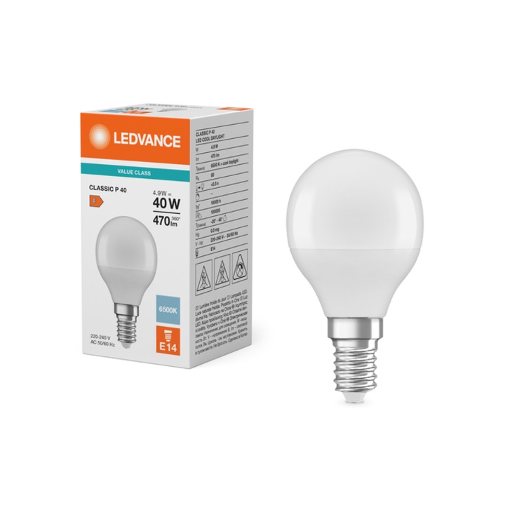 Bec LED LEDVANCE, E14, 4.9W, Mat, Alb Rece, CLP40, 6500K, 470 lm