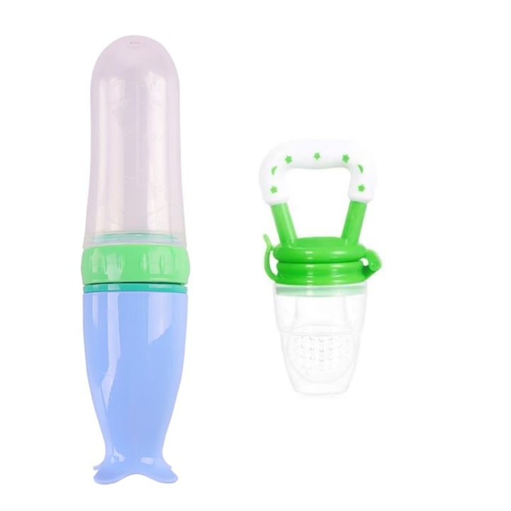 Set hranire copii Lingurita din silicon cu rezervor pentru diversificare albastra si Suzeta pentru fructe si legume, verde, Funny Party Shop®