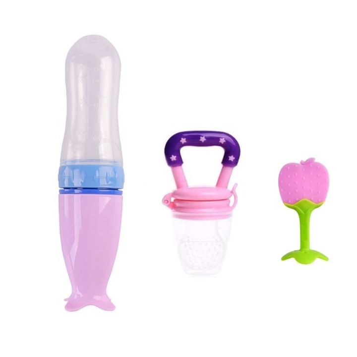 Set hranire copii Lingurita din silicon cu rezervor pentru diversificare roz, Suzeta pentru fructe si legume roz, jucarie dentitie roz, silicon, Funny Party Shop®